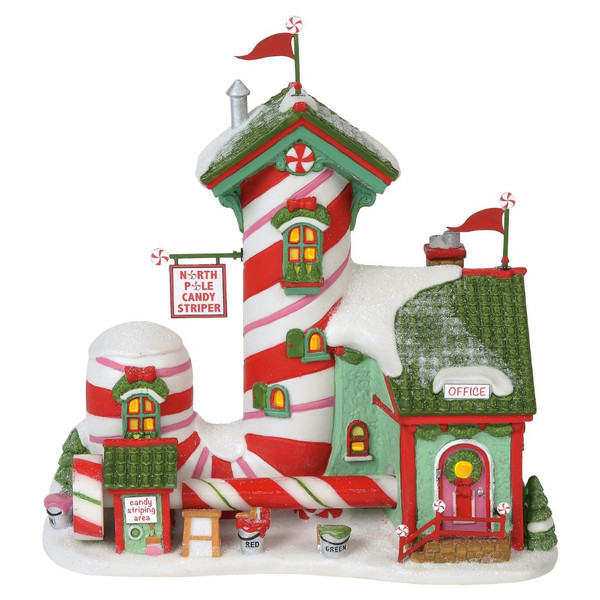 Department 56 North Pole Candy Striper animated lit village building with peppermint-striped tower and glowing windows.
North Pole Village porcelain candy factory featuring LED lighting, candy cane details, and festive holiday colors.
Hand-painted Department 56 North Pole Candy Striper collectible with animated candy cane striping scene and AC-powered illumination.