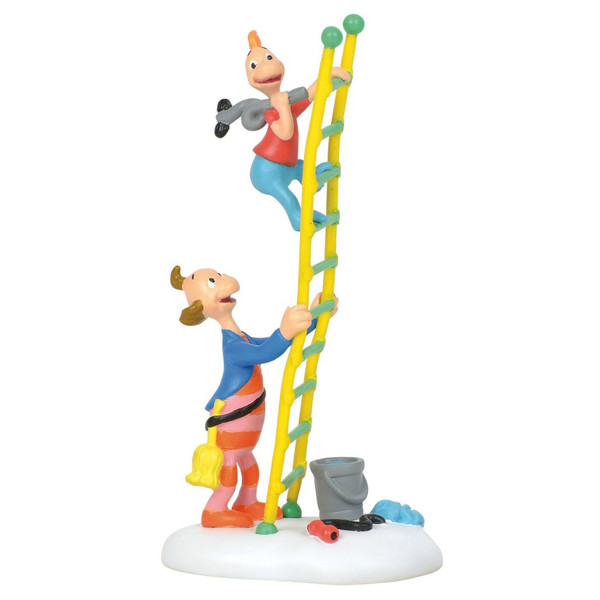 Department 56 Grinch Village Little Flue Who figurine featuring a young Who climbing a ladder beside his father.
Hand-painted stone resin village accessory with chimney repair tools and colorful Whoville details.
Collectible Grinch Village accessory designed to coordinate with Flue Who's Fireplace Place.​​​​​​​