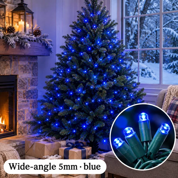 UL 50-Light 5MM Blue LED Green Wire Light Set - warm LED lights on a decorated Christmas tree with a close-up of the bulbs