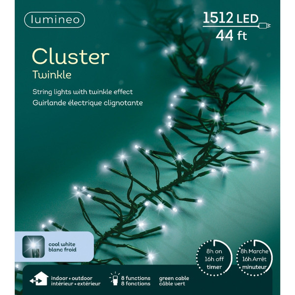 Lumineo 1512 LED Cool White Cluster Christmas String Lights Set, Green Wire 44 Feet