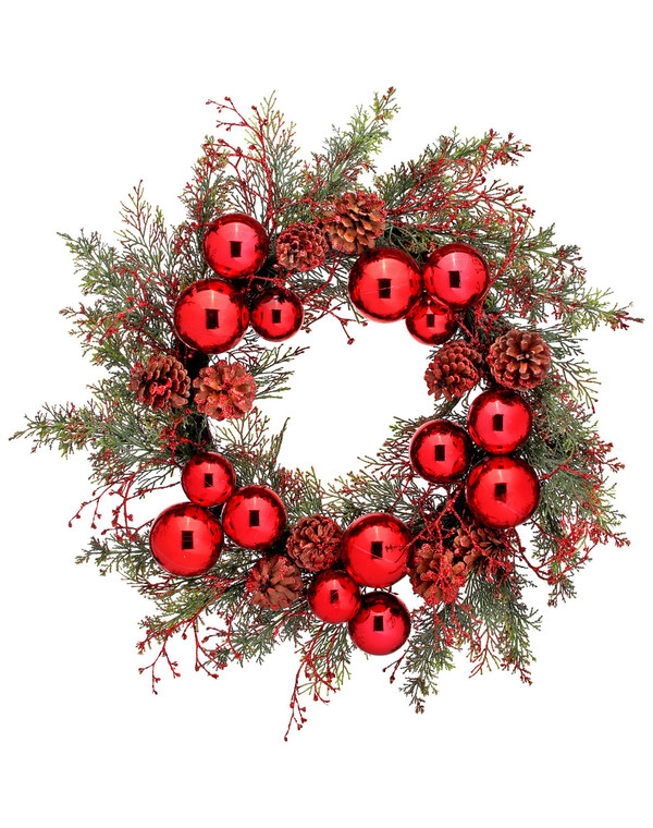 24" RED AND GREEN GLITTERED CEDAR WITH BALLS AND CONES WREATH
