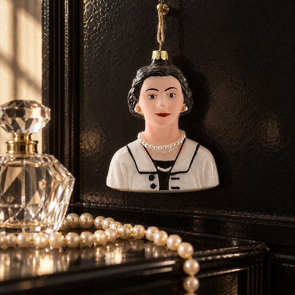 Cody Foster Coco Chanel Glass Blown Ornament – glass Christmas ornament styled in a fun, eclectic home scene