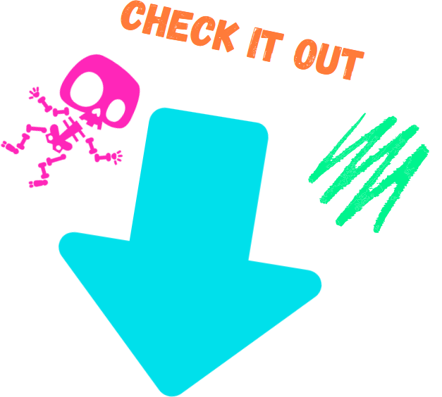 Pink skeleton, green swipe, blue downwards arrow, words Check it out