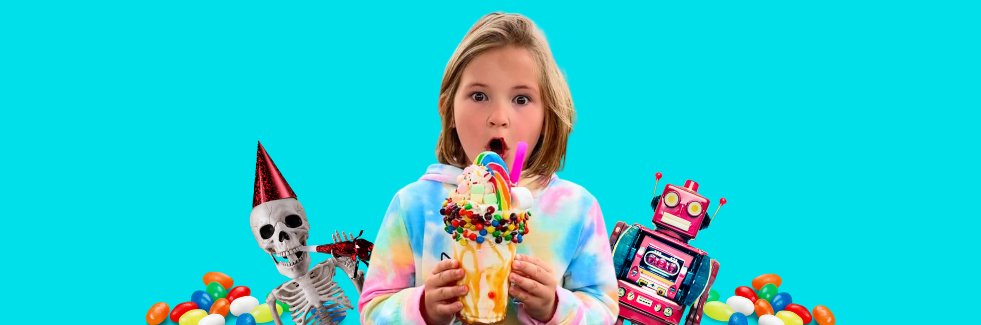 Little girl amazed by a crazy milkshake surrounded by jelly beans and a skeleton and robot behind her 