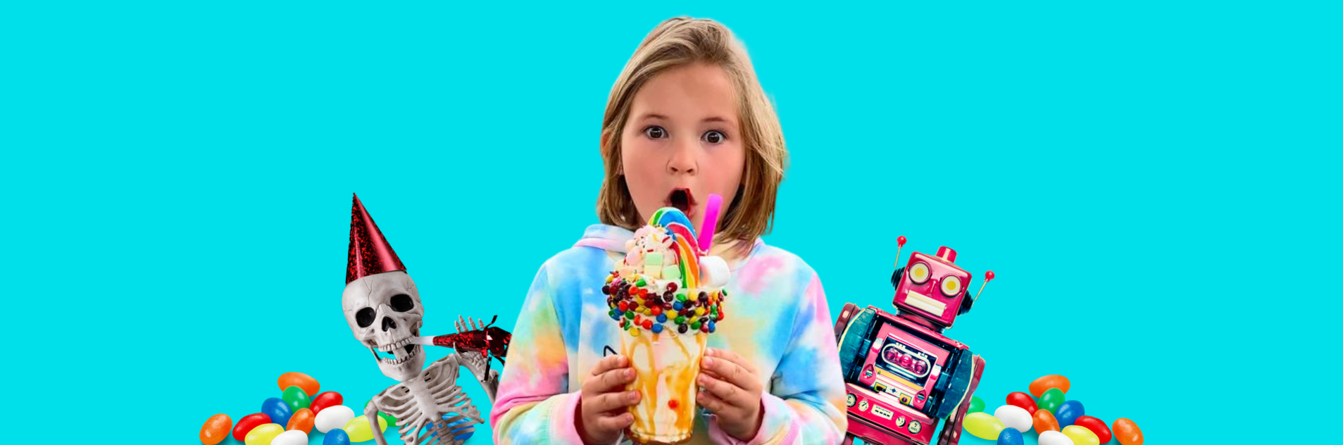 Little girl amazed by a crazy milkshake surrounded by jelly beans and a skeleton and robot behind her