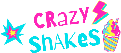 Bright blue, pink, yelloew starbusrt and lightning bolt and shake in a cup. Says the words Crazy Shakes