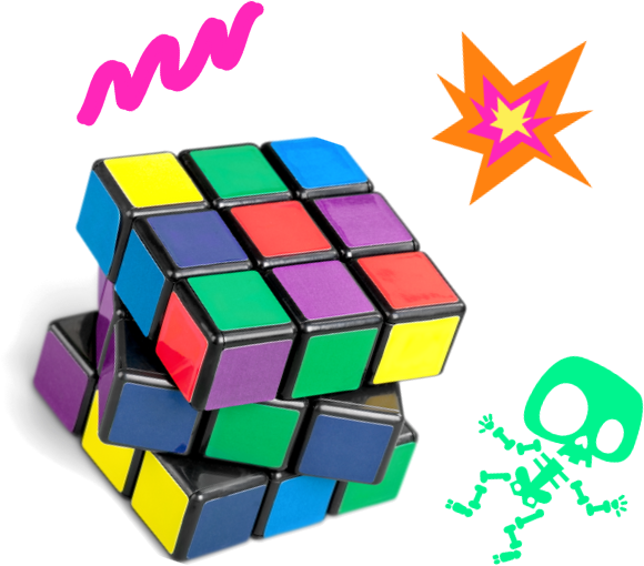 Open Rubix cube with Green swipe, bright green skeleton, and pink orange yellow starburst