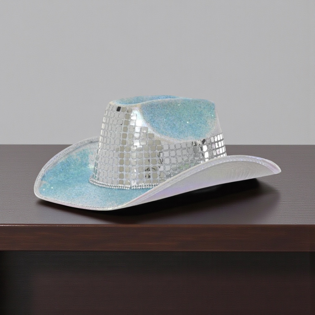 Blue Glitter Cowboy Hat with Silver Sequin Band | 10 Inch Decor display picture 1