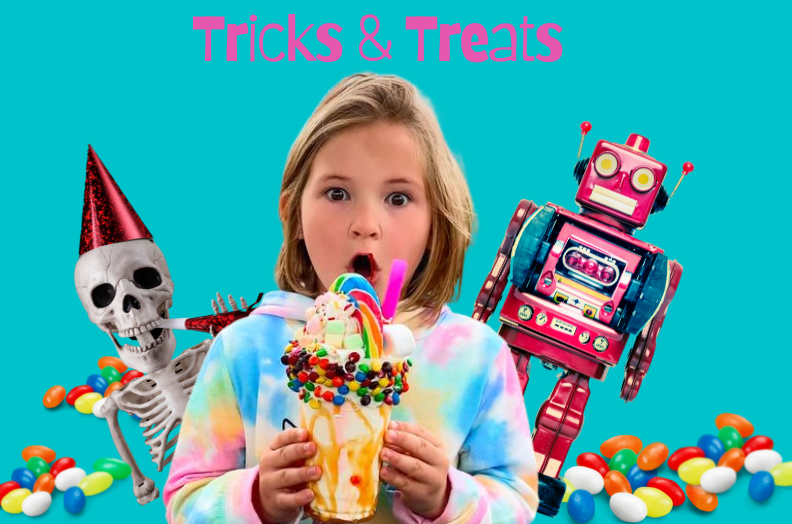 Little girl amazed by a crazy milkshake with a skeleton and robot behind her and the name Tricks And Treats at the top
