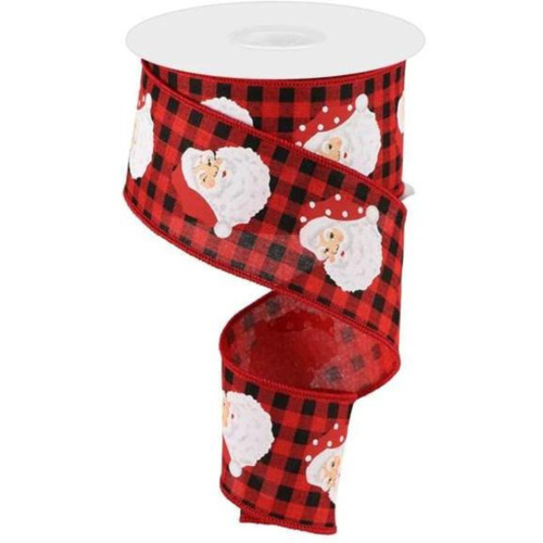 Santa Heads Buffalo Check Ribbon With Wired Edge - 2.5 Inch X 10 Yards Lime Green Christmas Decoration