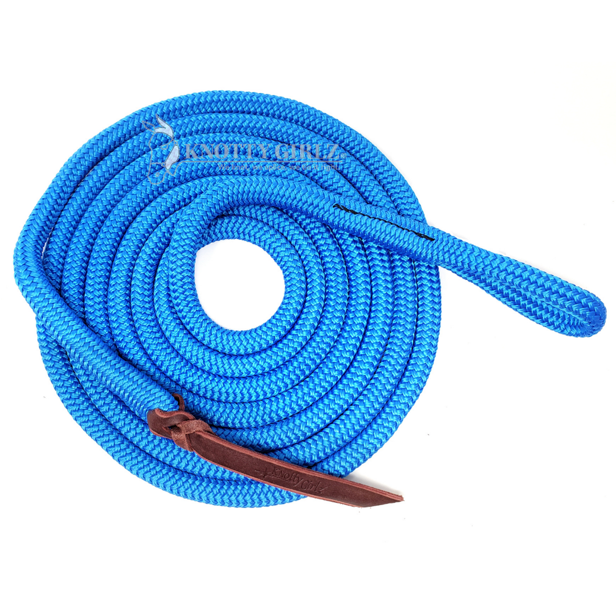Knotty Girlz Natural Horsemanship Lead Rope made from 9/16" Double Braid Polyester Yacht Rope with eye spliced loop and leather popper,  Choices for snaps, colors and multiple lengths.  