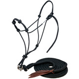 Black 4 knot stiff halter connected to a black 12 foot lead with a stainless steel trigger bull snap.