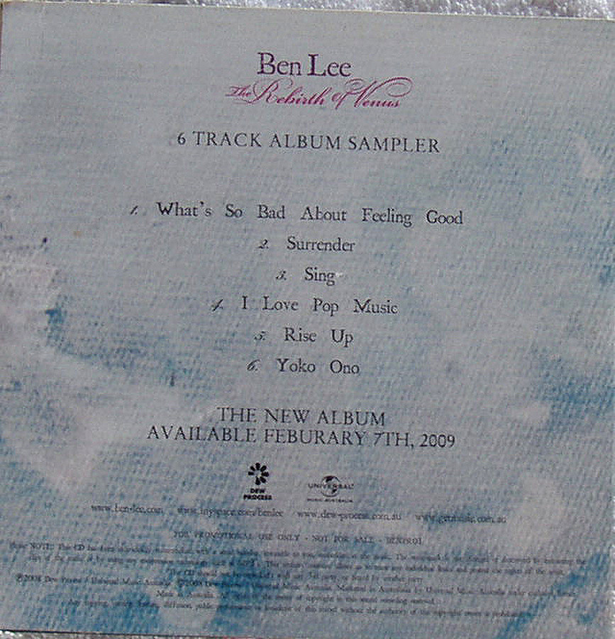 Indie Rock BEN LEE The Rebirth Of Venus CD (Promotional Album Sampler ...