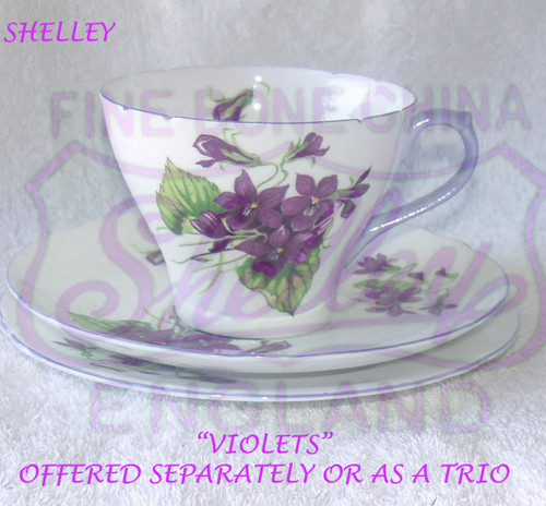 1938 ~ 1966 English SHELLEY Hand Decorated "Violets" #13821 Teacup Saucer Side Plate Trio (Available Separately Or As A Trio)