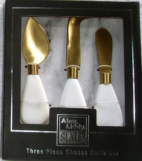 ALEX. LIDDY. SLATE & CO. (Australia) Three Piece Cheese Knife Set (Gold Finish With Solid Marble Handles) NEW Boxed