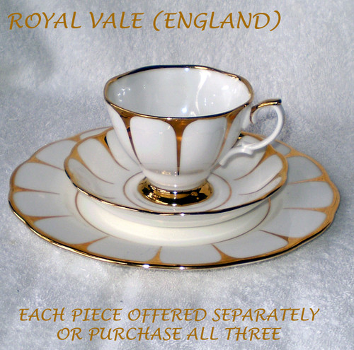 1970's ~ 1980's RIDGWAY (England) ROYAL VALE Pure White With Extensive Gold Gilding Decoration Teacup Saucer & Oversize Side Plate (Offered Separately Or As A Trio)