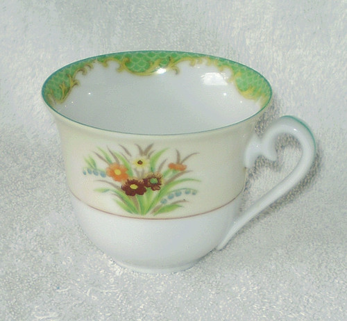 1933 NORITAKE (Japan) Hand Decorated Green Yellow Rim Artwork With Flowers Fine Bone China Teacup