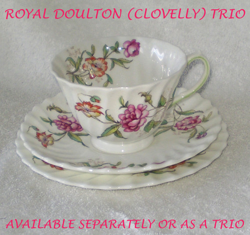 1947 ROYAL DOULTON "Clovelly" Bright White With Pink & Magenta Flowers With Foliage Trio Teacup Saucer Side Plate (Available Separately OR Together) 1947 ROYAL DOULTON "Clovelly" Bright White With Pink & Magenta Flowers With Foliage Trio Teacup Saucer Side Plate (Available Separately OR Together)