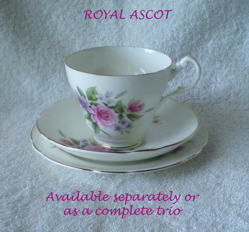 1970's ~ 1980's ROYAL ASCOT (England) "Red Lavender Yellow Floral"  Teacup Saucer Side Plate Trio (Pieces Offered Separately Or Together)
