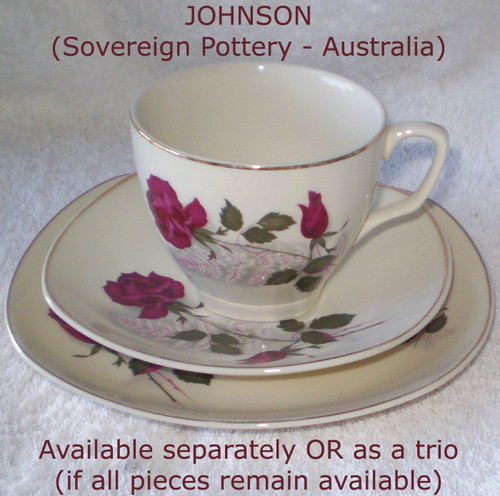 1960 ~1980 JOHNSON BROTHERS (Sovereign Potteries AUSTRALIA Not UK!) Teacup Saucer Side Plate TRIO Red Single Stem Roses On A Cream Base (Available Separately Or As A Trio)
