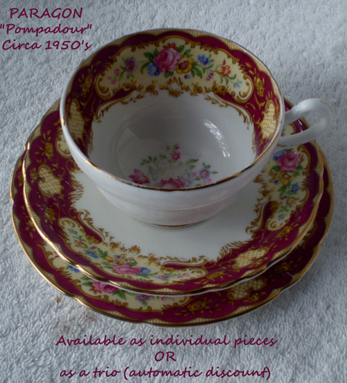 1950's PARAGON (England) "Pompadour" Predominately Maroon Decoration With Assorted Flowers (Available As Separate Pieces Or As A Trio)