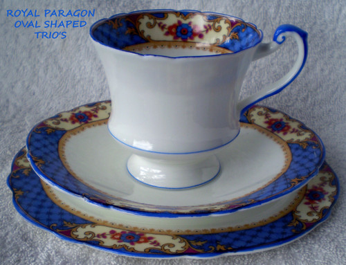 1933+ ROYAL PARAGON (England) Royal Blue Floral Decoration OVAL Teacup, Saucer And Side Plate (Six Trio's Available Together Or As Separate Pieces)