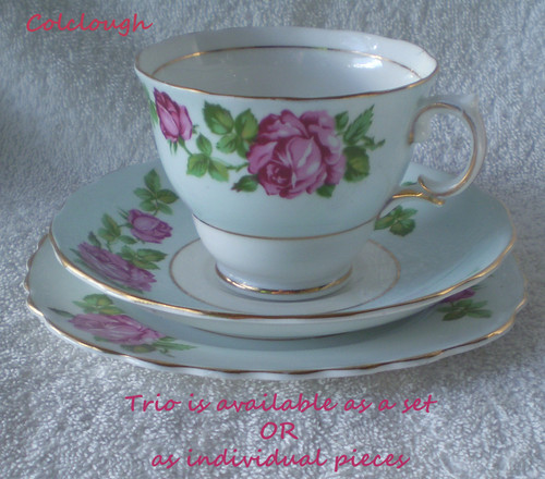 1945 ~ 1948 COLCLOUGH (England) Pale Blue Wash With Red Rose Blooms Hybrid Decorated Teacup Saucer Side Plate Trio (Available Separately OR Together)