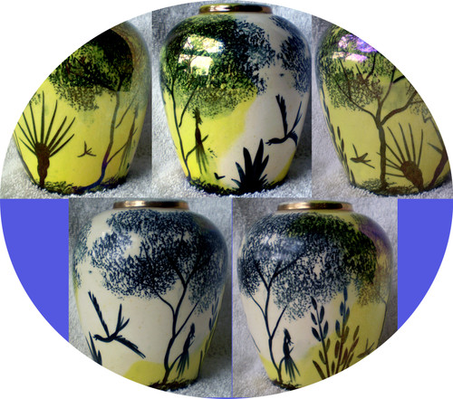 1960's ~ 1970's ROYAL LUSTRINA 4.5" Ceramic Lustre Ware Vase With Australiana Silhouetted Hand Decorated Scenes