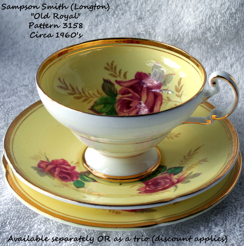 1945 ~ 1963 SAMPSON SMITH (England) "Old Royal" Pattern 3158 Buttercup Yellow With Red Rose Blooms Hybrid Decorated Teacup Saucer Side Plate Trio (Available Separately OR Together With Discount)