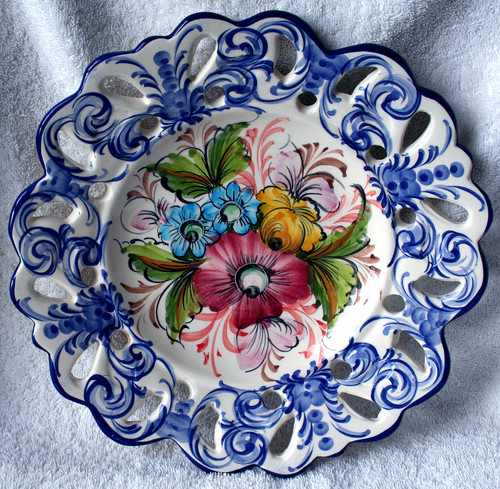 1970's ~ 1980's RETICULATED CERAMIC Hand Decorated Folk Art Flowers 11" Wall Hanging Dish