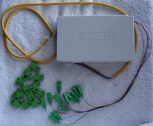 OPTICAL FIBER Bits & Pieces (12 Strand Single Mode Fiber Cable (USA), Dual 12 Way Termination Box (FIBERNET Australia) & SC Terminated Multi-Coloured Pigtails