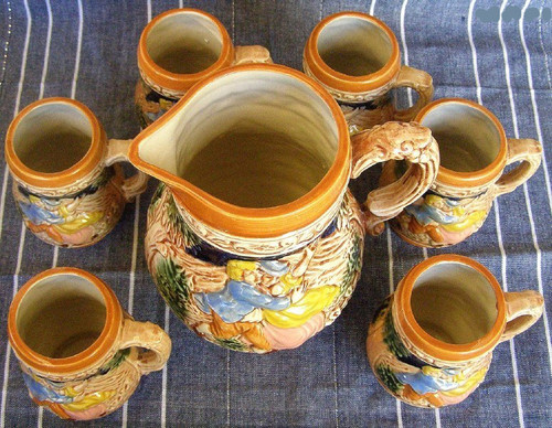 Refreshment Set - Japanese Pottery - Jug and six mugs 