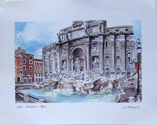 ORIGINAL  Watercolour ROMA TREVI FOUNTAIN D Urbinati (Italian Street Artist)  1980's