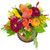 Welcome autumn with Pumpkin Patch! Rich burgundy dahlias, vibrant orange spray roses, yellow calla lilies, and fall leaves encircle a decorative mini pumpkin in a metallic vase. A charming, cozy highlight for our Fall Collection