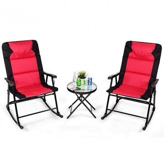 3 Pcs Outdoor Folding Rocking Chair Table Set with Cushion-Black&Red - Color: Red D681-OP3638RE