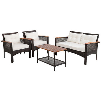 4 Pieces Patio Rattan Acacia Wood Furniture Set with Cushions and Armrest - Color: Espresso D681-HW69538+
