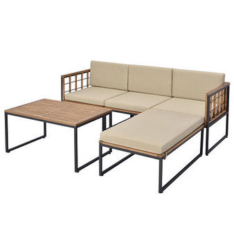 5 Pieces Patio Furniture Set Acacia Wood Sectional Set with Heavy-Duty Metal Frame-Beige B593-HW71665+