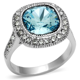 LO2506 - Rhodium Brass Ring with Top Grade Crystal  in Sea Blue A874-LO2506