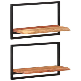 Wall Shelf Set of 2 Natural wood, Black Solid acacia wood, Steel A949-338459
