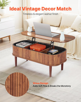 39.4 in Lift Top Coffee Table, Fluted Oval Coffee Table with 3 Hidden Compartment, Mid Century Wood E415-KFZ394INCHBSATQ37001V0