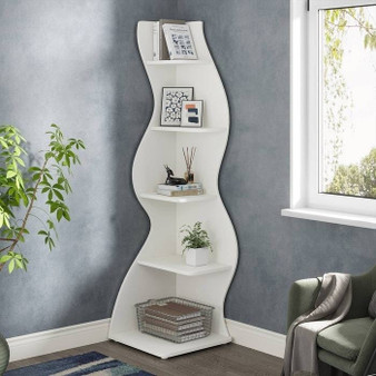 Modern Whimsical 5 Shelf Corner Bookcase Stand White Wood Finish Q280-WHTTRB65885