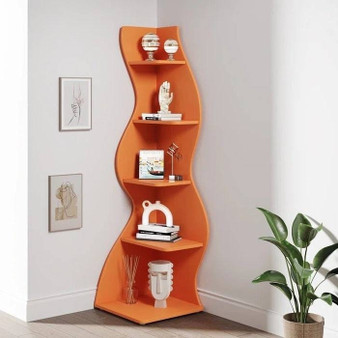 Modern Wave Shape 5 Shelf Corner Bookcase in Orange Wood Finish Q280-ORGNTVF6744