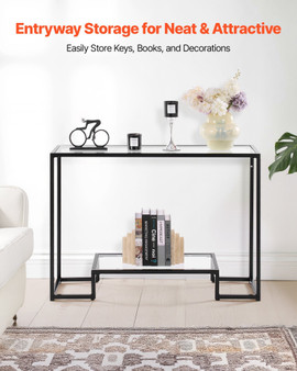 2-Tier Glass Console Table, Modern Rectangle Sofa Side Table with Tempered Glass Top and Iron Legs, E415-JSXGZ42YCHSBJ86VN001V0