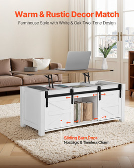 47.2 in Farmhouse Lift Top Coffee Table, Rustic Center Table with Barn Door and Hidden Storage Comp E415-KFZ472INCHBSTSRW8001V0