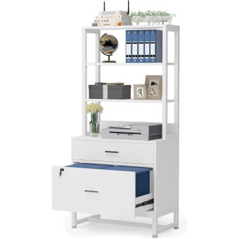 Home Office Lockable 2 Drawer Filing Cabinet Bookshelf in White Wood Finish Q280-WHTER564678