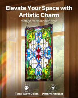 Stained Glass Window Panel, 17 x 29 in, Tiffany Style Hanging Transom Window Panel with Chain, Larg E415-ZXFXCSBLBZXFFOWZR001V0