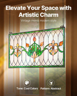 Stained Glass Window Panel, 32 x 17 in, Tiffany Style Hanging Transom Window Panel with Chain, Larg E415-HXFXCSBLBHXFJM702001V0