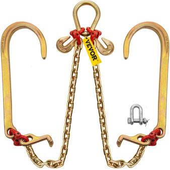 G80 V Bridle Chain, 5/16" x 2' Towing Chain Bridle with 15" J Hooks, T Hooks & Grab Hooks, Heavy Du E415-SZGLRJG5162FT0001V0