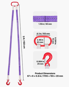Lifting Sling Straps, 2Pcs Two-Leg Polyester Bridle Sling with Hooks, 4400LB Capacity, 5Ft Heavy Du E415-DLKDGDLSZ5FTF45U2001V0