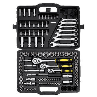 121-Piece Mechanics Tool Set, 1/4" 3/8" 1/2" Drive Sockets, SAE and Metric Mechanic Tool Kit with B E415-SDJXGJTZ1438OZV5AV0